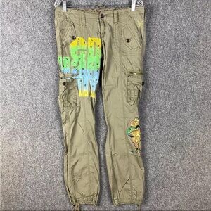 Ed Hardy Cargo Pants Women's Size 26 Dragon Print Green Cotton Embroidered